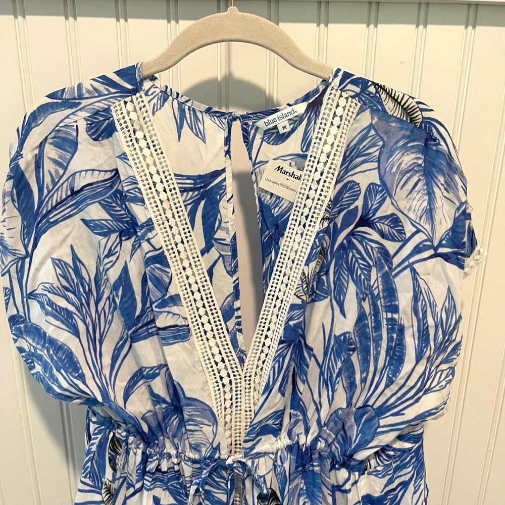 Blue Island Tropical Maxi Cover Up Wmns M Blue White Coastal Crochet Lace Trim - Picture 3 of 9